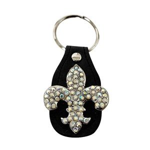 Raviani NWT Crystal Fleur De Lis Black Leather Keychain